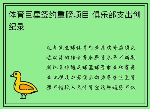 体育巨星签约重磅项目 俱乐部支出创纪录